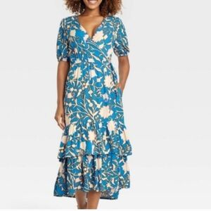 Knox Rose Blue & White Bohemian Midi Wrap Dress, Size Large